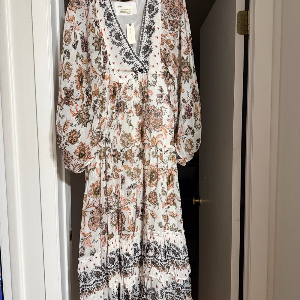 Anthropologie White Maxi Dress with Pink & Green Floral Print